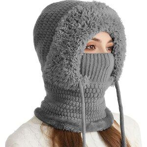 Women 3 in 1 Beanie Hat Upgrade Windproof Thermal Headwear Scarf & Mask Gray